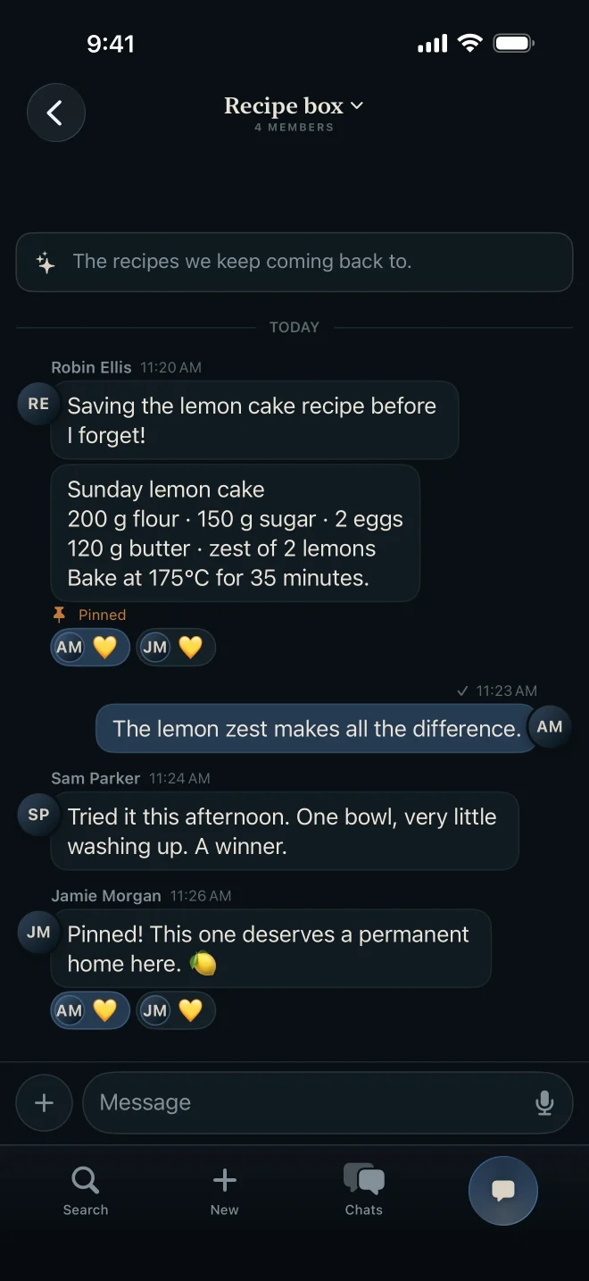 Chat’s native Recipe box room, showing a pinned lemon cake recipe, replies, reactions, and a message composer with fictional participants.