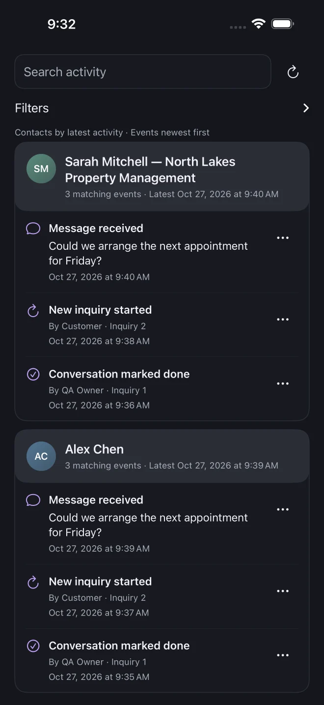 Dex’s native Activity view, grouping fictional customer messages and inquiry events by contact.